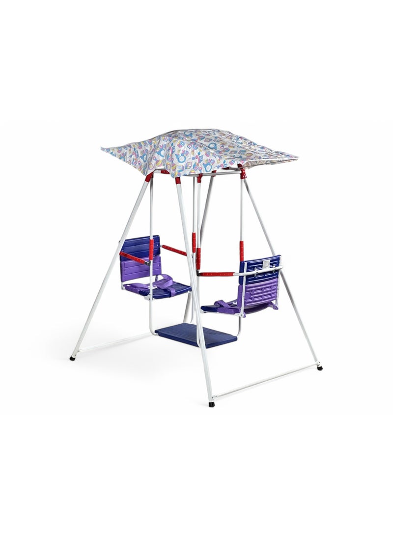 AL BADER Double-Seat Kids Swing with Canopy, Outdoor Swing for Children with Safety Belts, Foldable and Portable Garden Swings for 2 Kids, Anti-Slip Iron Base, for Balcony, Yard, or Rooftop - Image 1